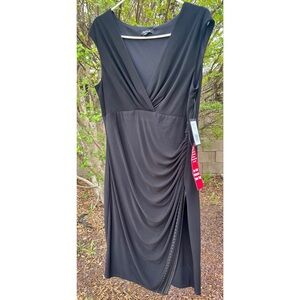 New Onyx Nite Elegant Black Rhinestones V-Neck Wrap Stretch Dress 14
